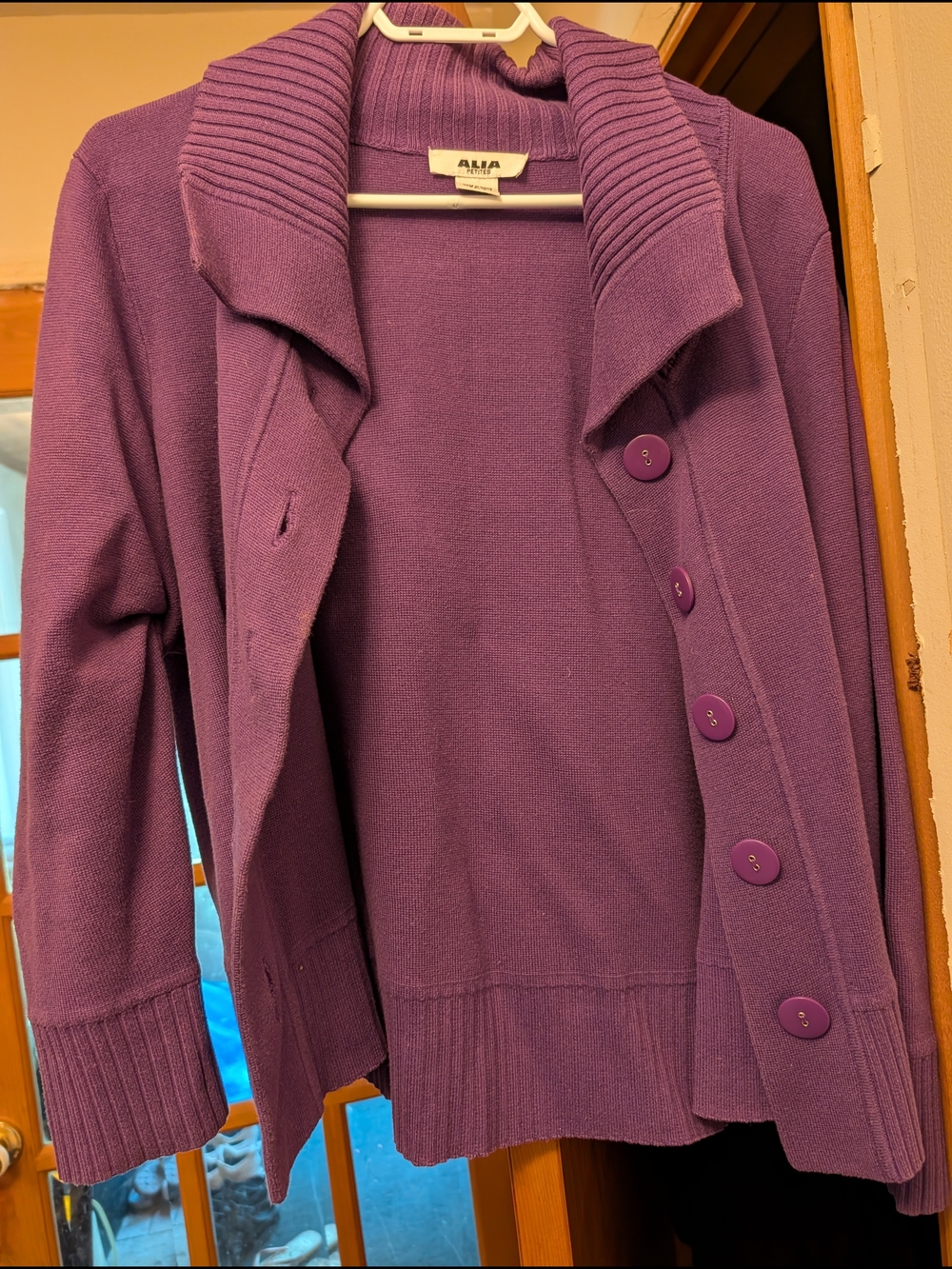 Alia Purple Button-Front Shawl Collar Cardigan